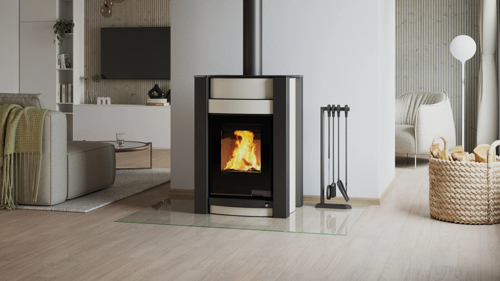 HS Flamingo Aquaflam Vario Kalmar Aqua in moderne woonkamer met brandend vuur