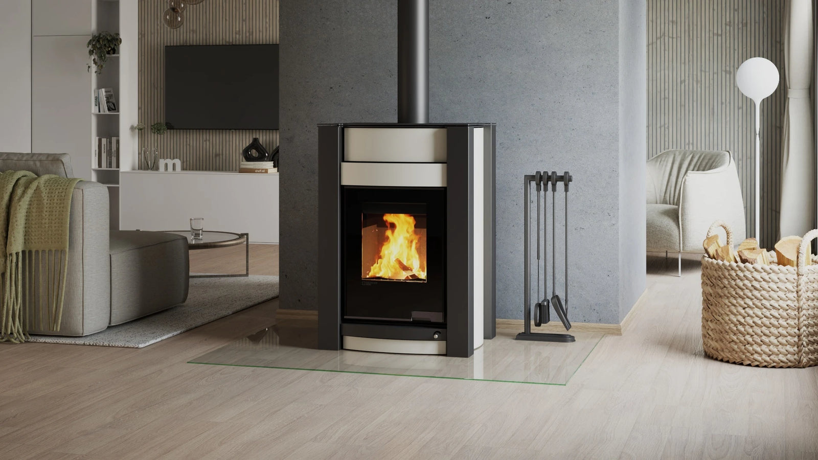 HS Flamingo Aquaflam Vario Kalmar Aqua in moderne woonkamer met brandend vuur