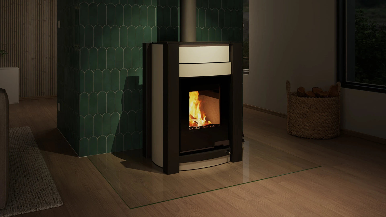 HS Flamingo Aquaflam Vario Kalmar Aqua kachel in woonkamer met brandend vuur