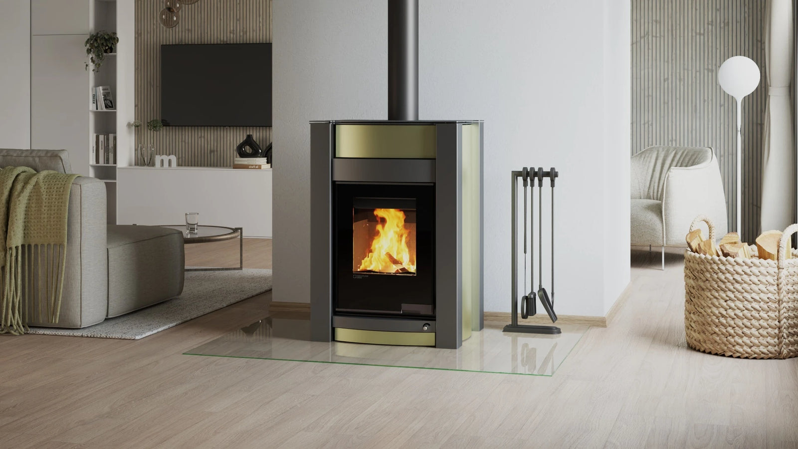 HS Flamingo Aquaflam Vario Kalmar Aqua houtkachel in woonkamer met brandend vuur