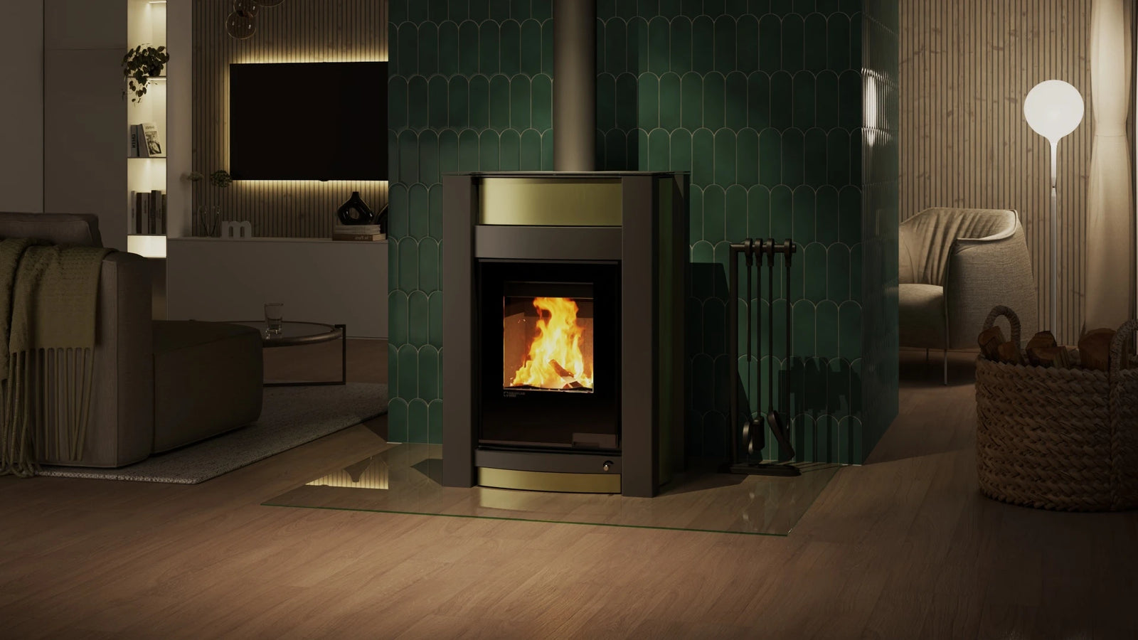 HS Flamingo Aquaflam Vario Kalmar Aqua houtkachel in moderne woonkamer