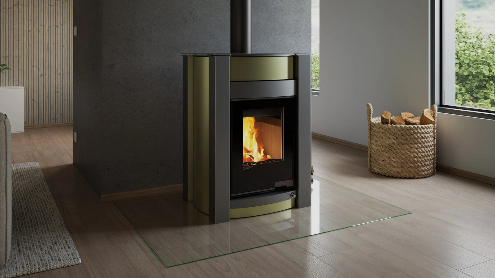 HS Flamingo Aquaflam Vario Kalmar Aqua kachel in moderne woonkamer met brandend vuur