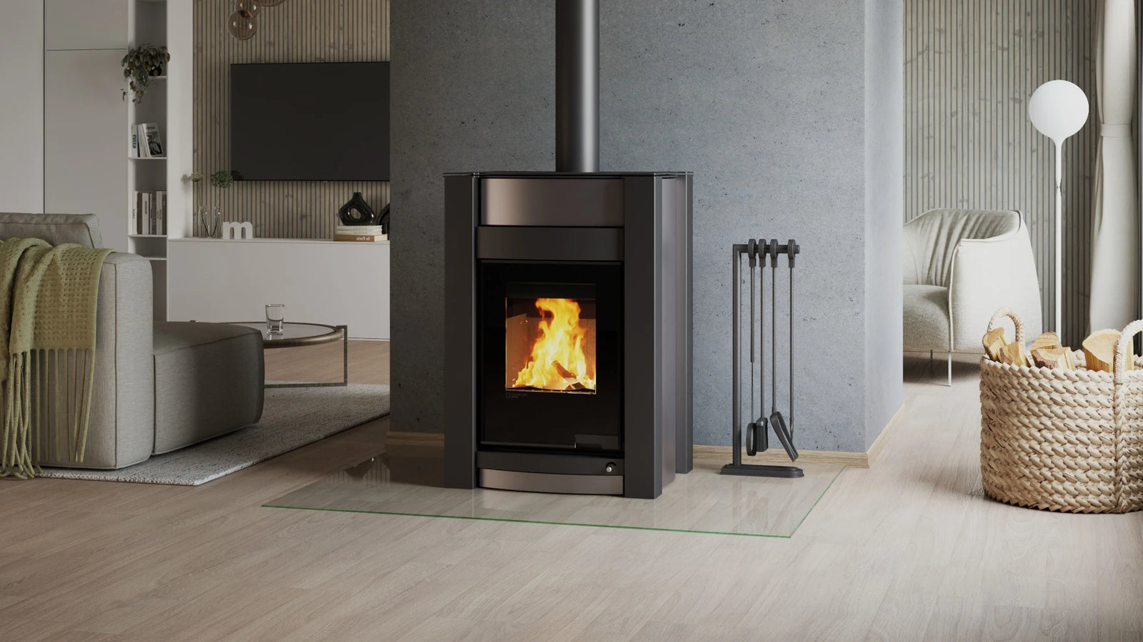 HS Flamingo Aquaflam Vario Kalmar Air in moderne woonkamer met brandend vuur