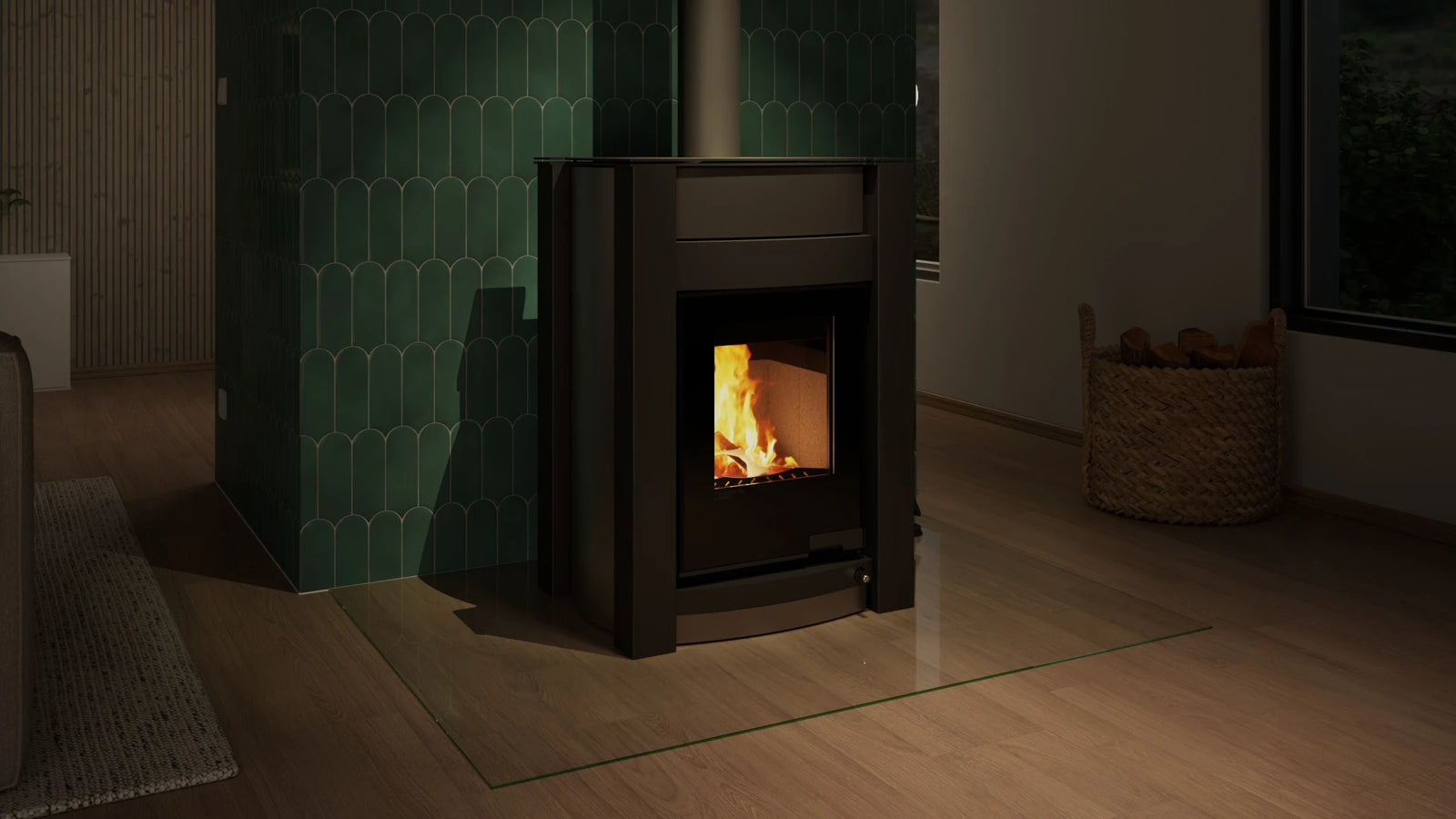 HS Flamingo Aquaflam Vario Kalmar Aqua houtkachel in woonkamer met brandend vuur