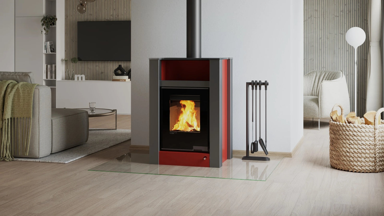 HS Flamingo Aquaflam Vario Lend Air houtkachel in moderne woonkamer