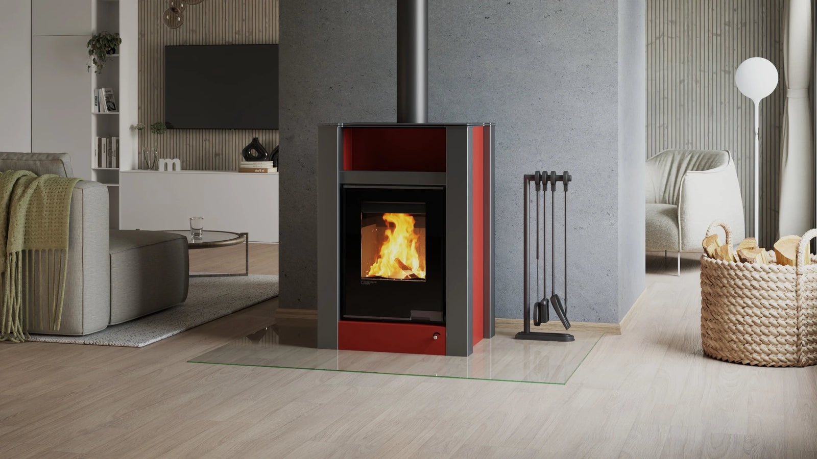 HS Flamingo Aquaflam Vario Lend Air kachel in moderne woonkamer met brandend vuur