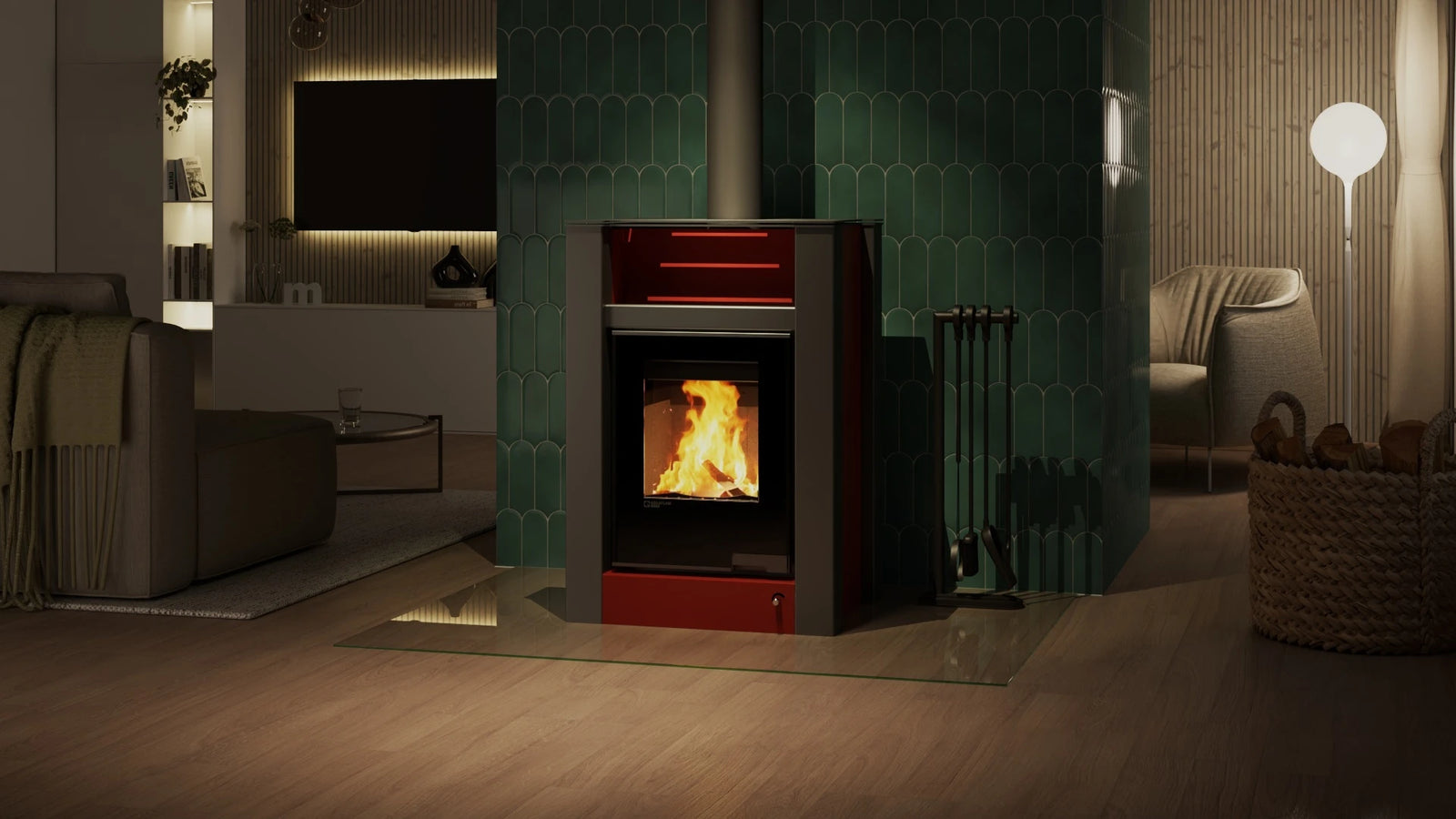HS Flamingo Aquaflam Vario Lend Air in moderne woonkamer met brandend vuur
