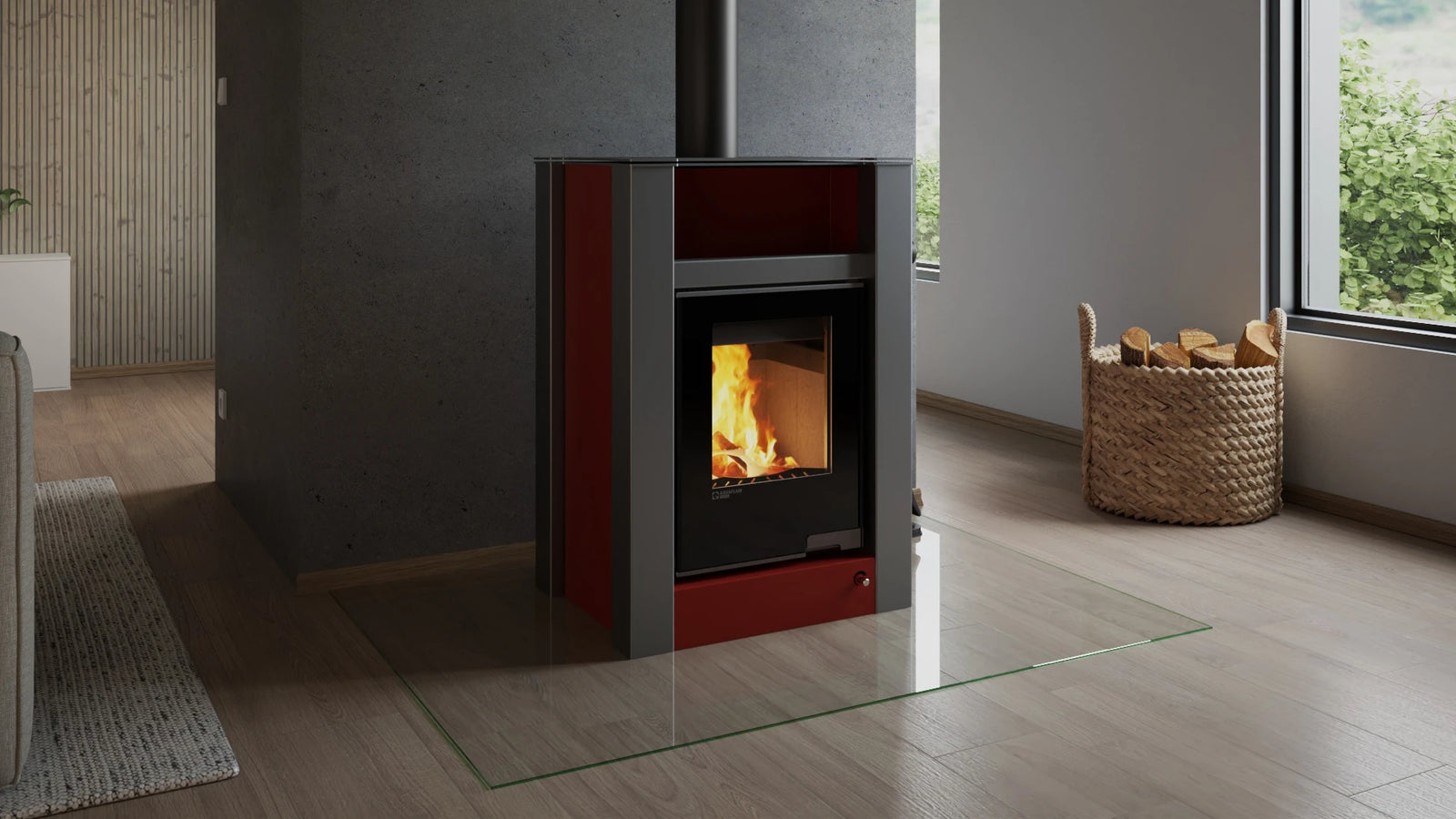 HS Flamingo Aquaflam Vario Lend Air kachel in moderne woonkamer met brandend vuur
