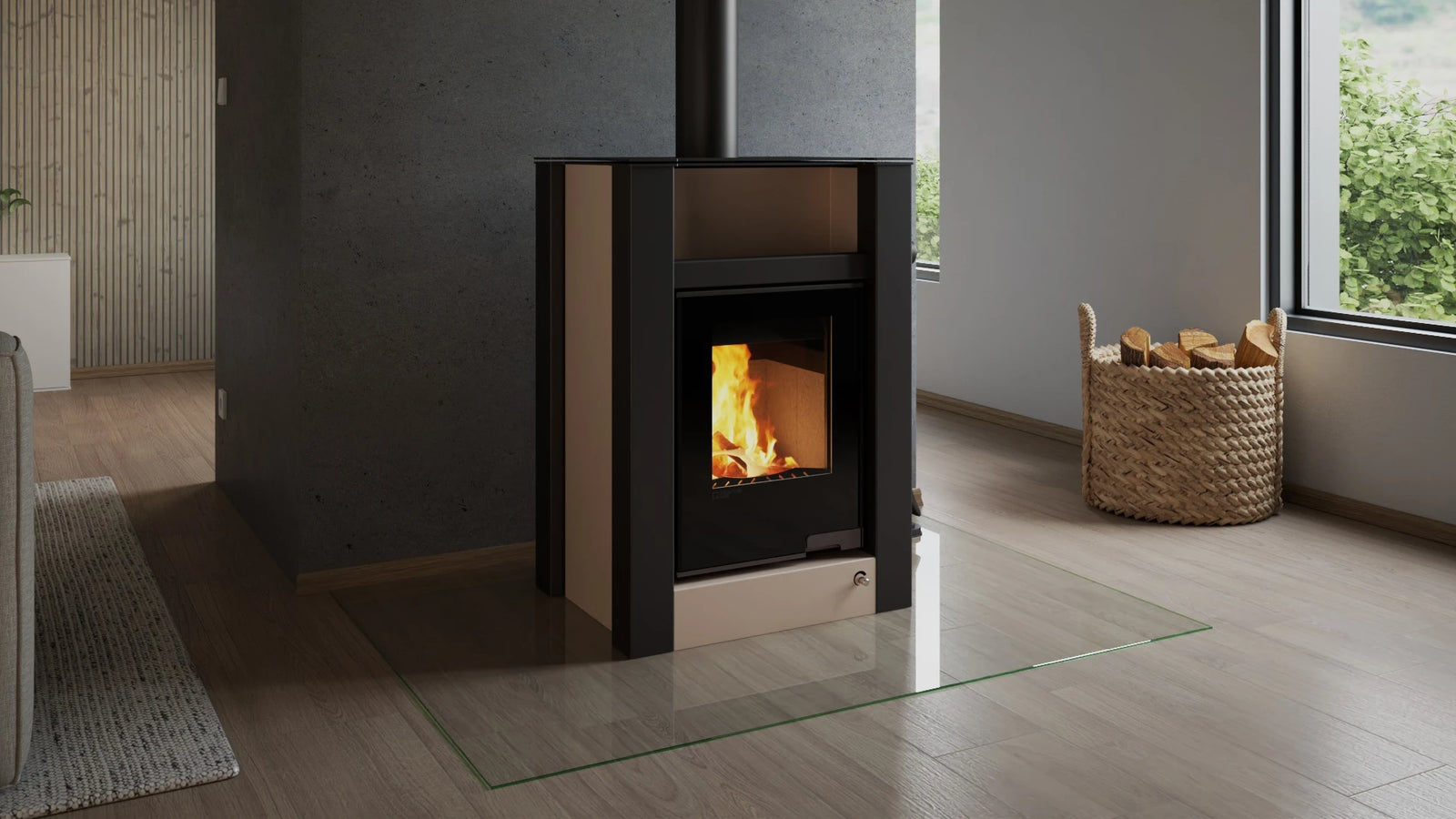 HS Flamingo Aquaflam Vario Lend Air in moderne woonkamer met brandend vuur