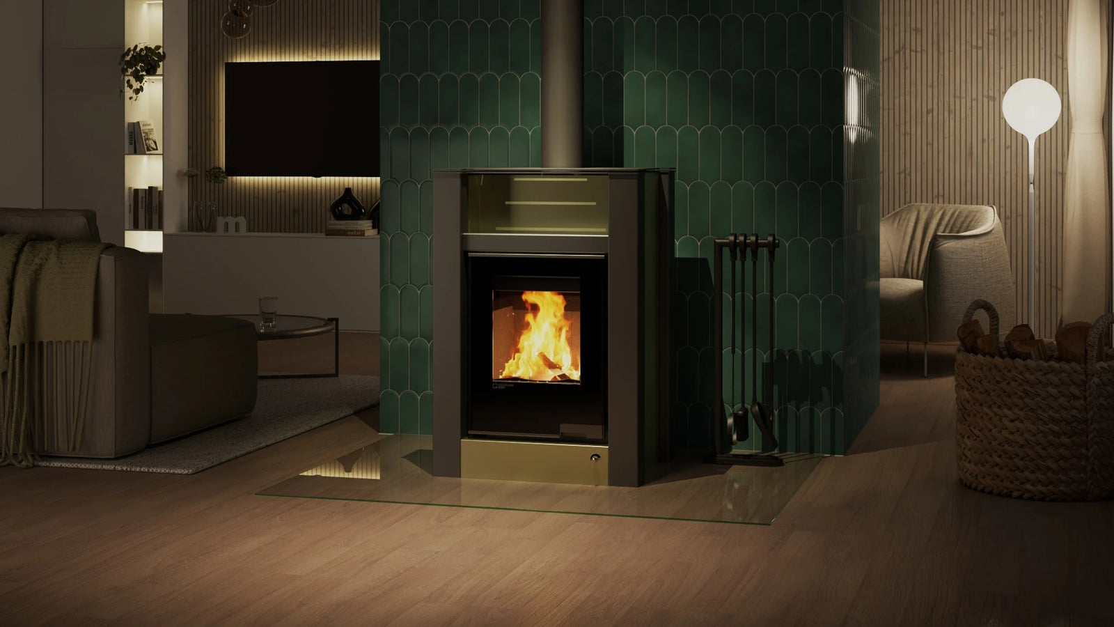 HS Flamingo Aquaflam Vario Lend Air kachel in sfeervolle woonkamer