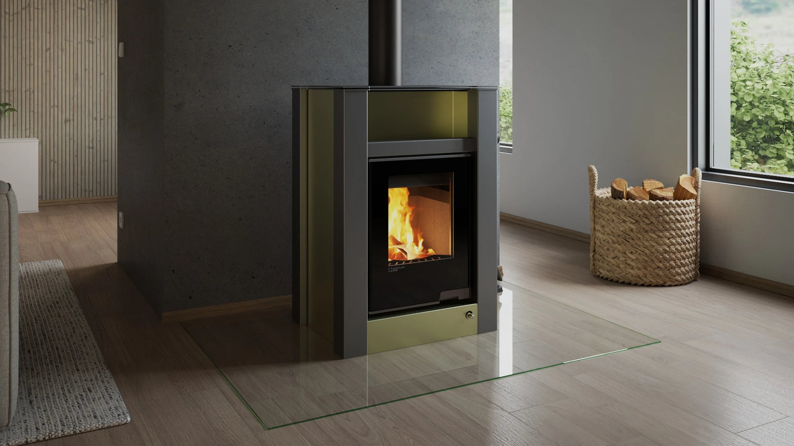 HS Flamingo Aquaflam Vario Lend Air in woonkamer met brandend vuur