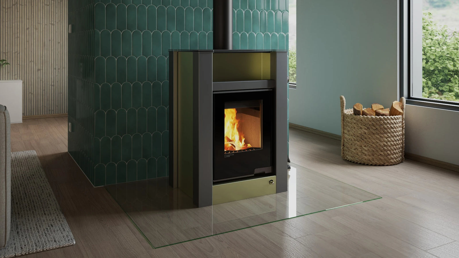 HS Flamingo Aquaflam Vario Lend Air in moderne woonkamer met brandend vuur