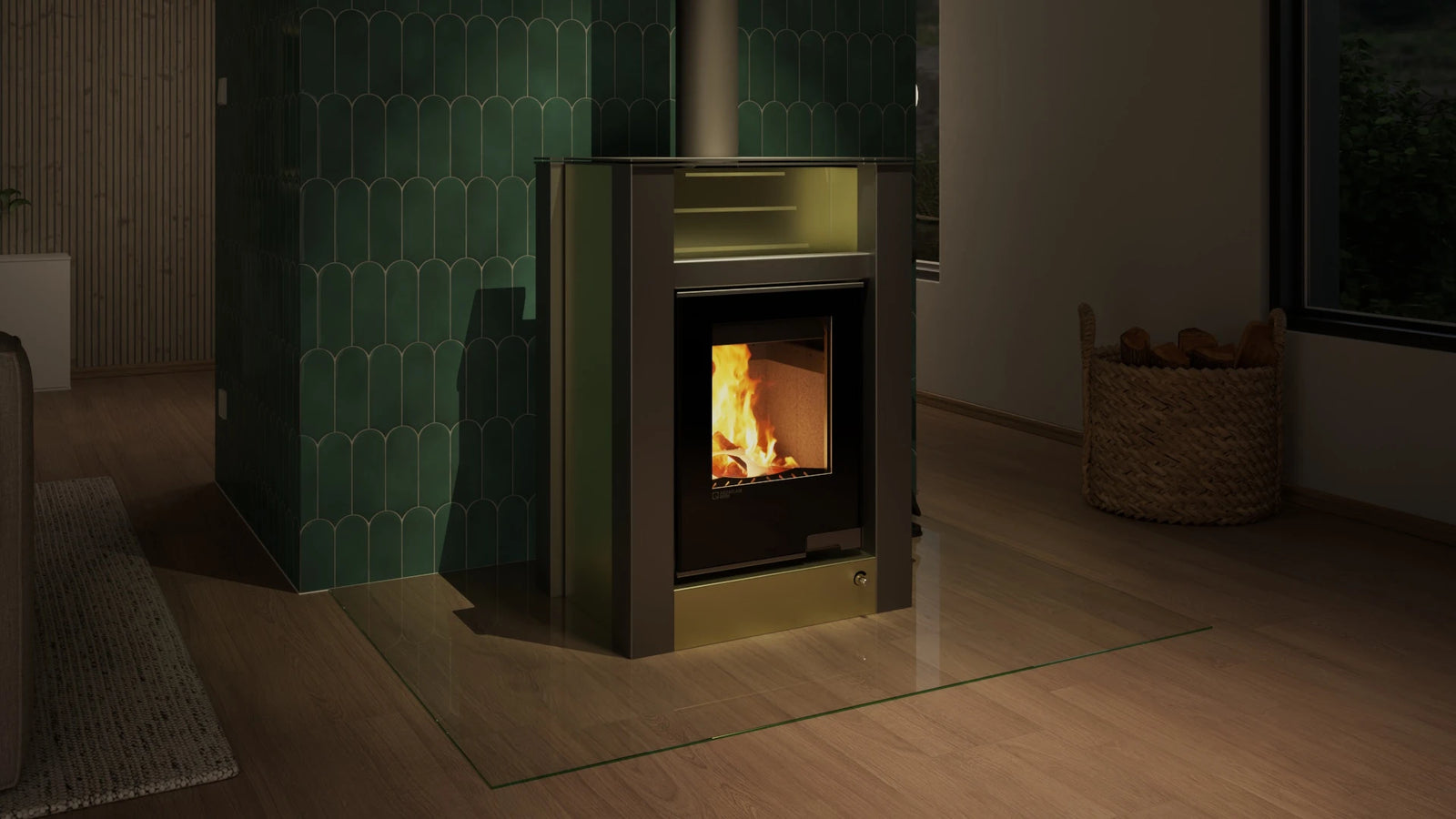 HS Flamingo Aquaflam Vario Lend Air in moderne woonkamer met brandend vuur