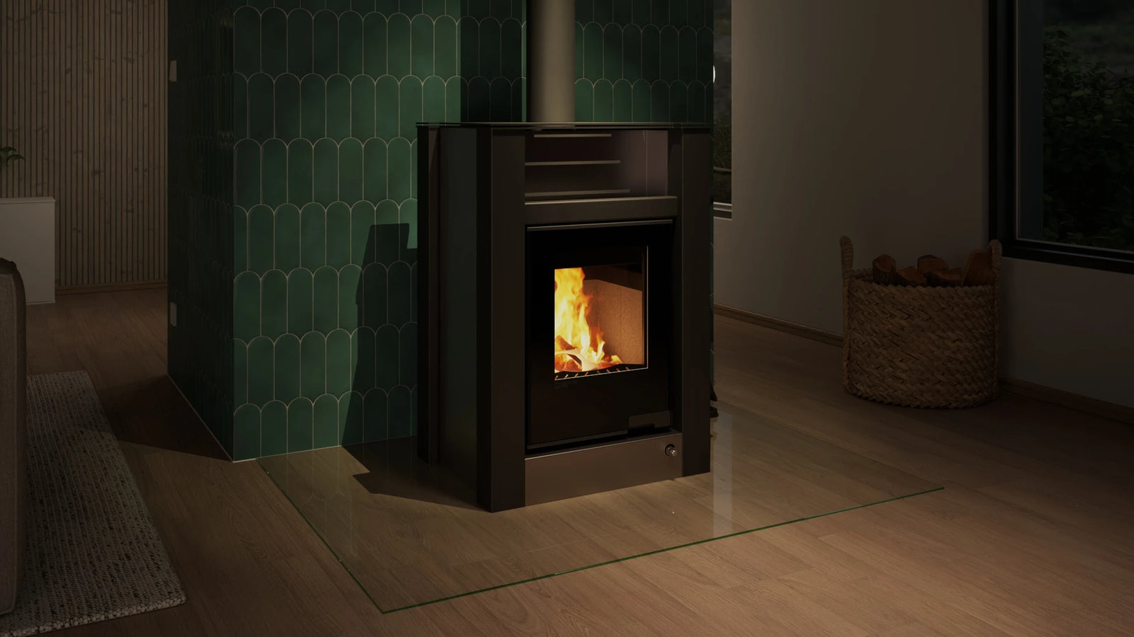 HS Flamingo Aquaflam Vario Lend Air kachel in moderne woonkamer met brandend vuur