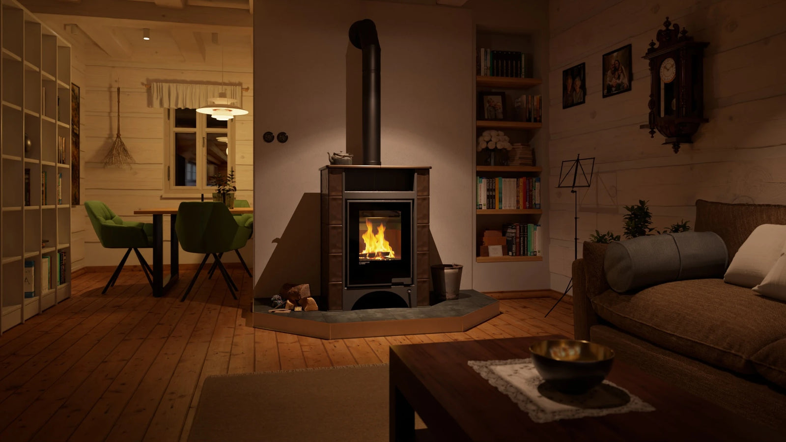 HS Flamingo Aquaflam Vario Peru Air in gezellige woonkamer met brandend vuur