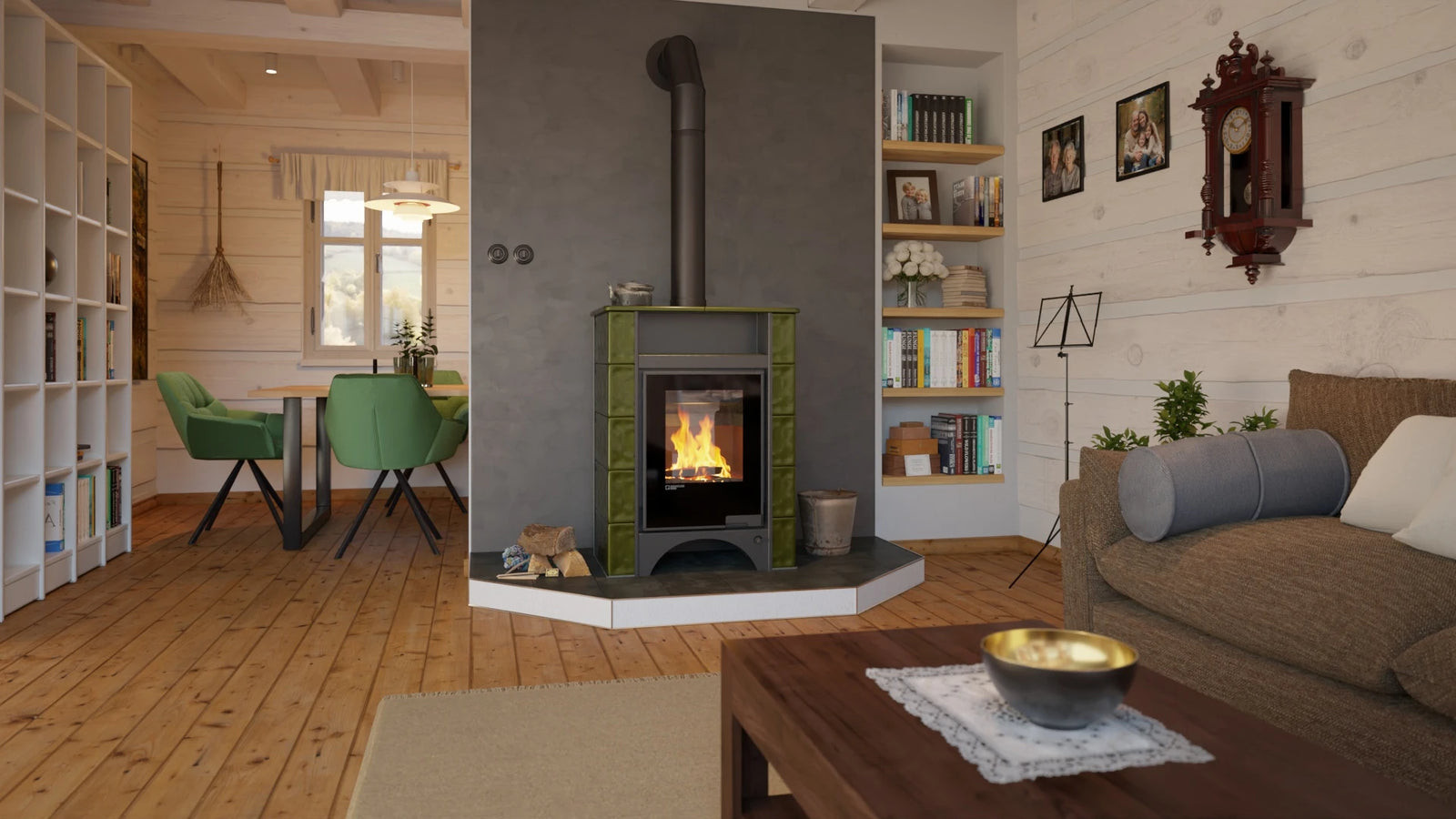 HS Flamingo Aquaflam Vario Peru Air groene haard in woonkamer met brandend vuur