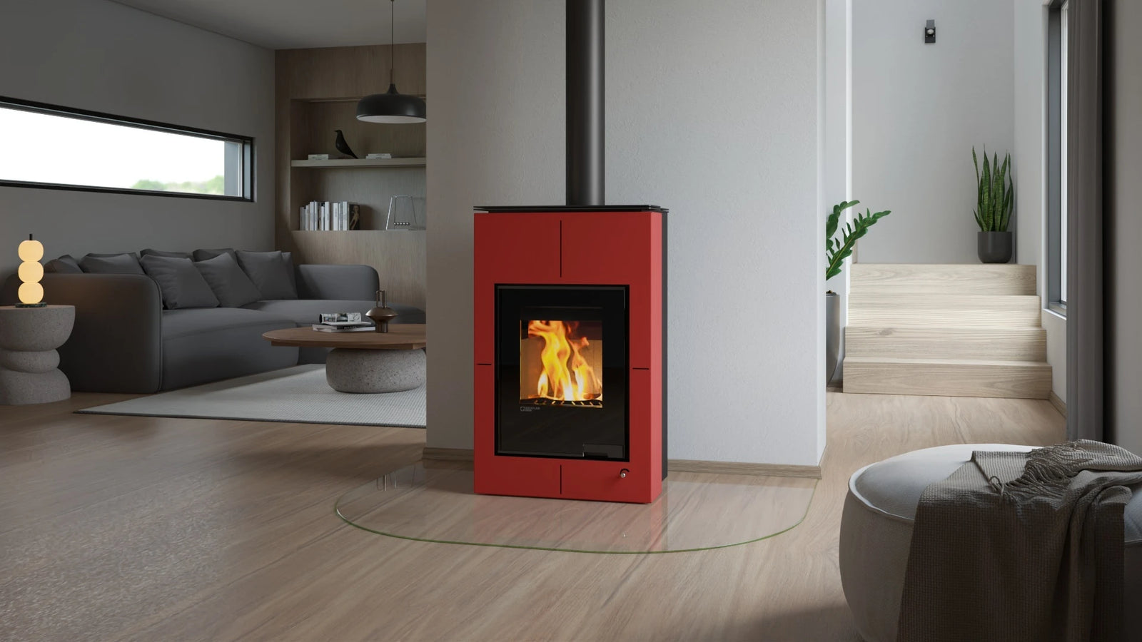 HS Flamingo Aquaflam Vario Saporo Aqua rode kachel in moderne woonkamer