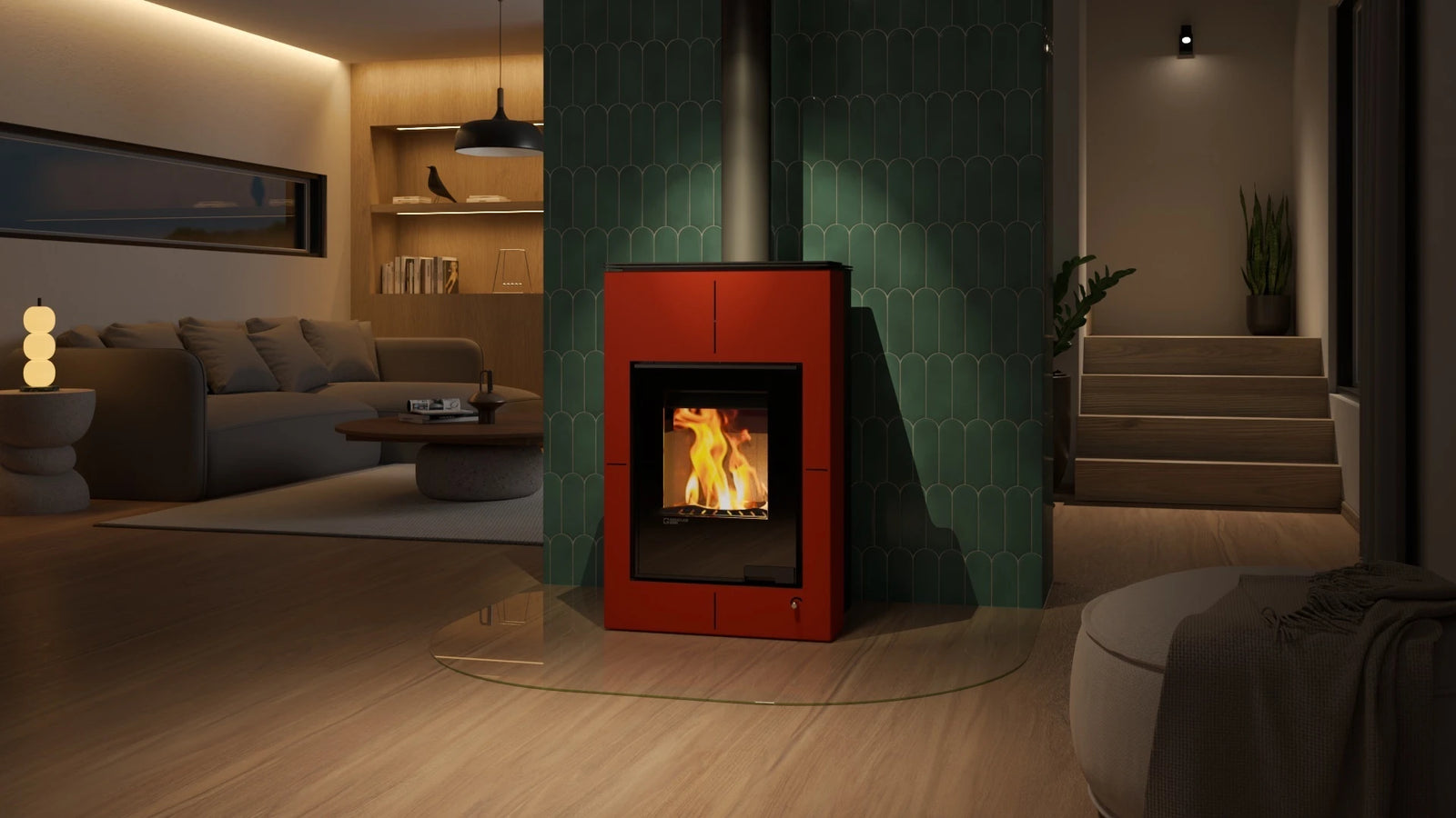 HS Flamingo Aquaflam Vario Saporo Aqua in moderne woonkamer met brandend vuur