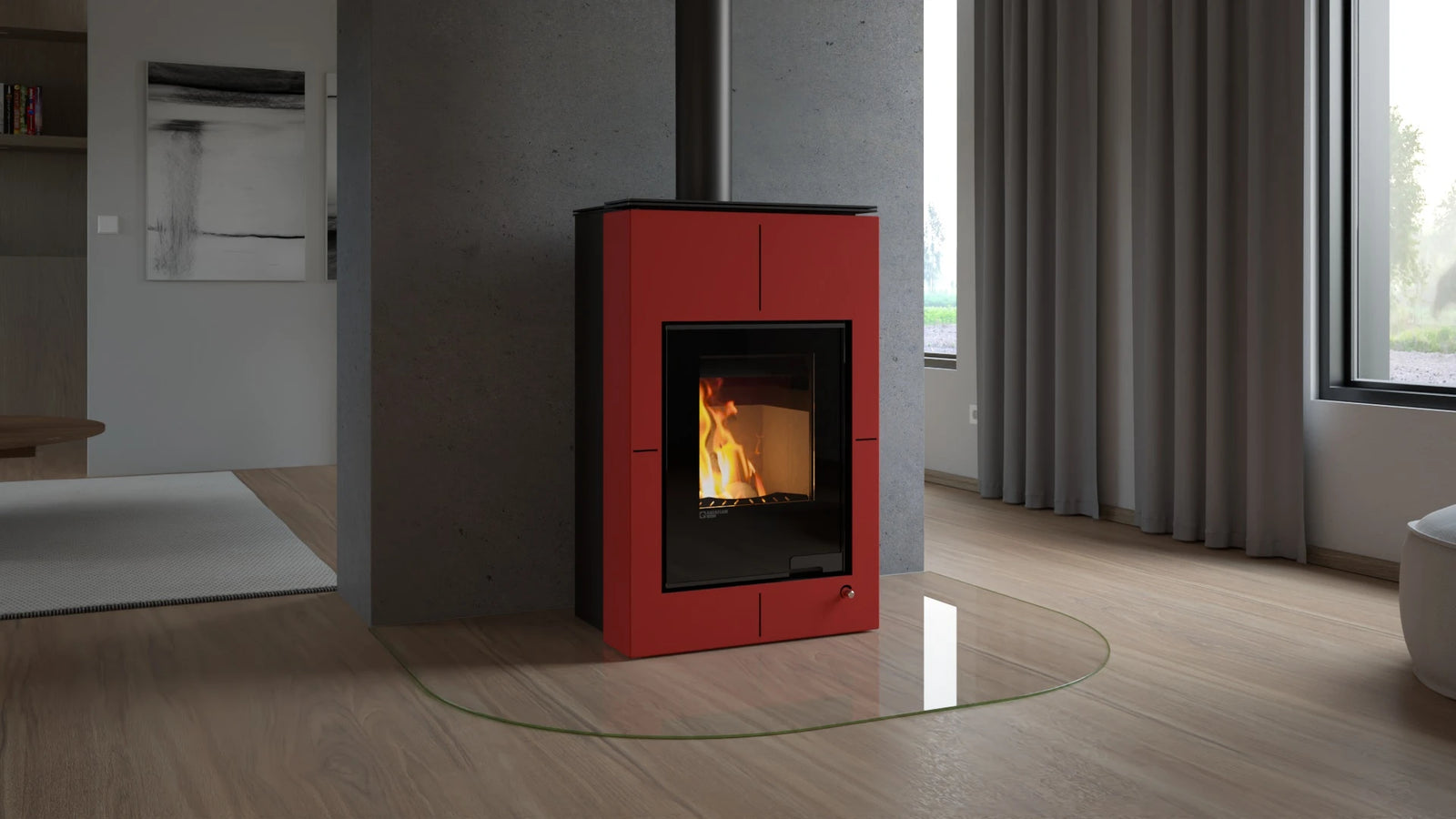 HS Flamingo Aquaflam Vario Saporo Aqua rode haard in moderne woonkamer