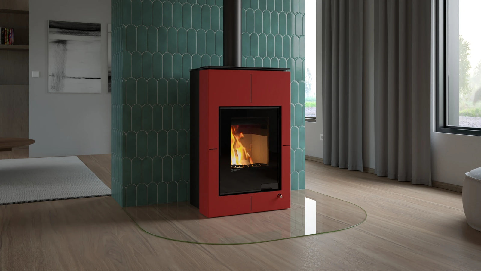 HS Flamingo Aquaflam Vario Saporo Aqua rode kachel in woonkamer