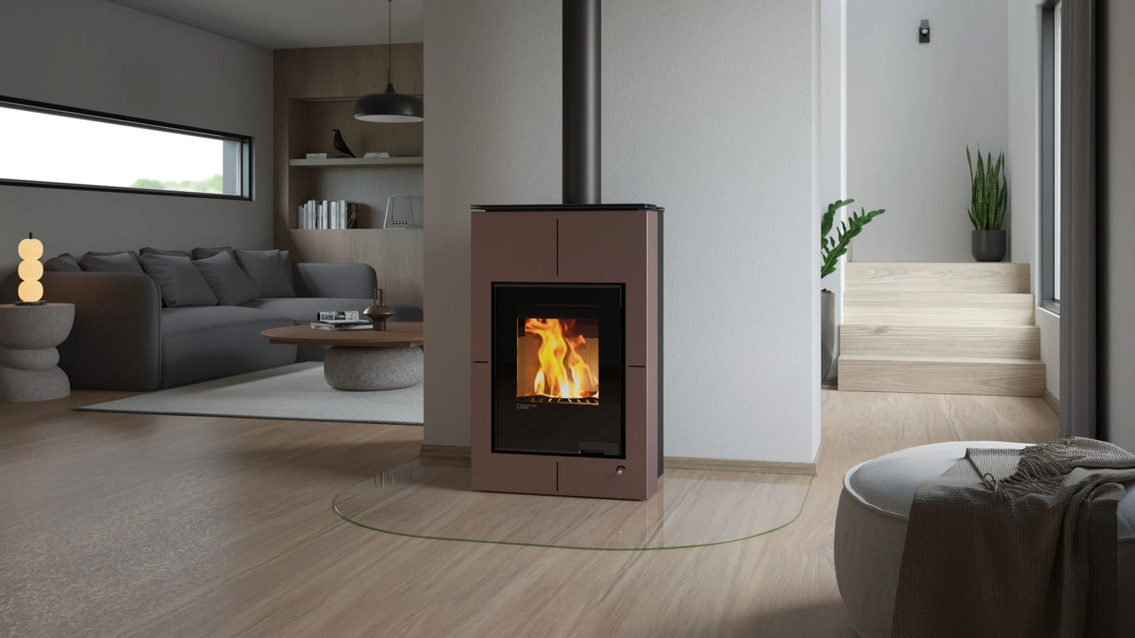 HS Flamingo Aquaflam Vario Saporo Aqua in moderne woonkamer met brandend vuur