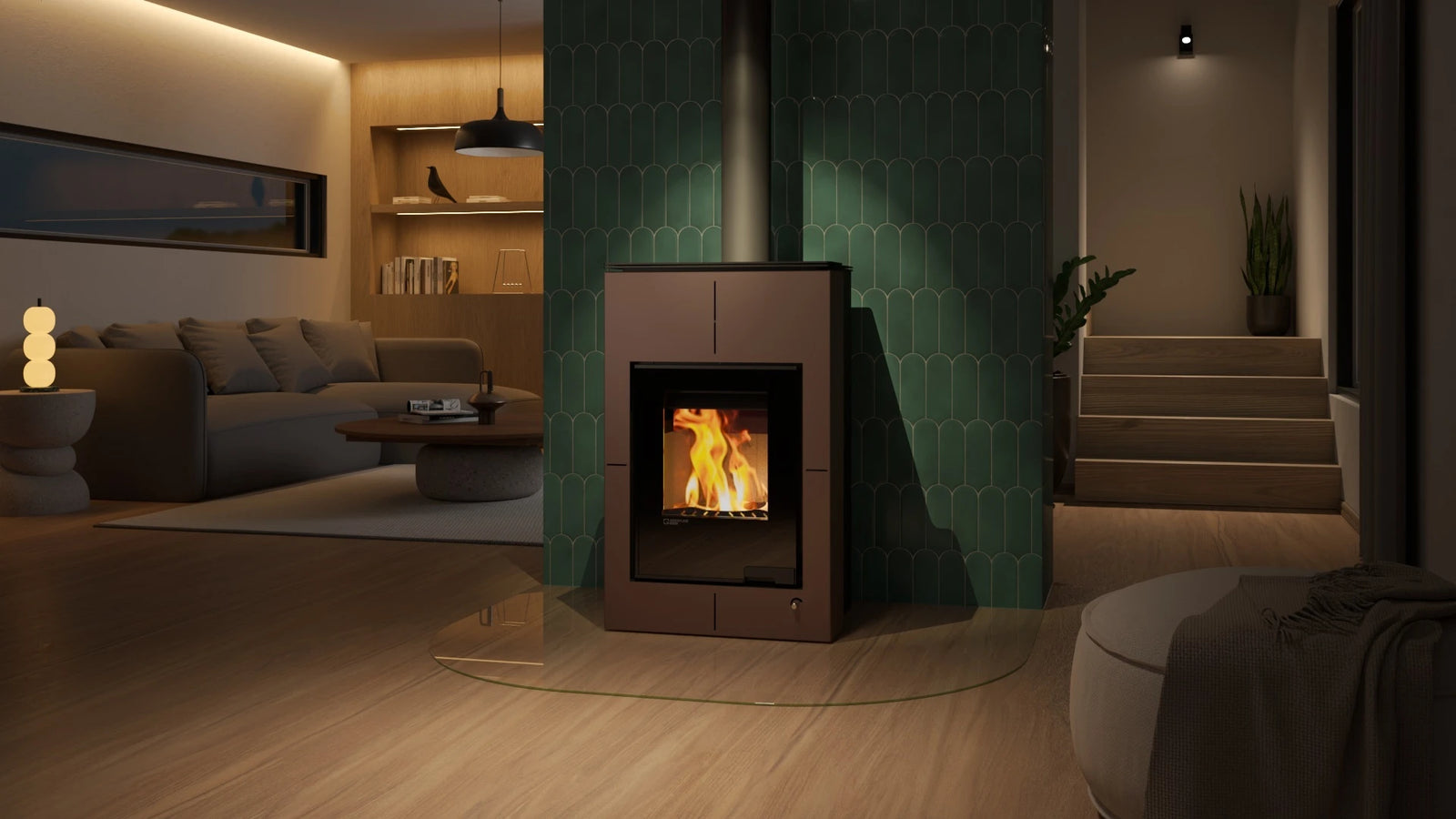 HS Flamingo Aquaflam Vario Saporo Air in moderne woonkamer met brandend vuur