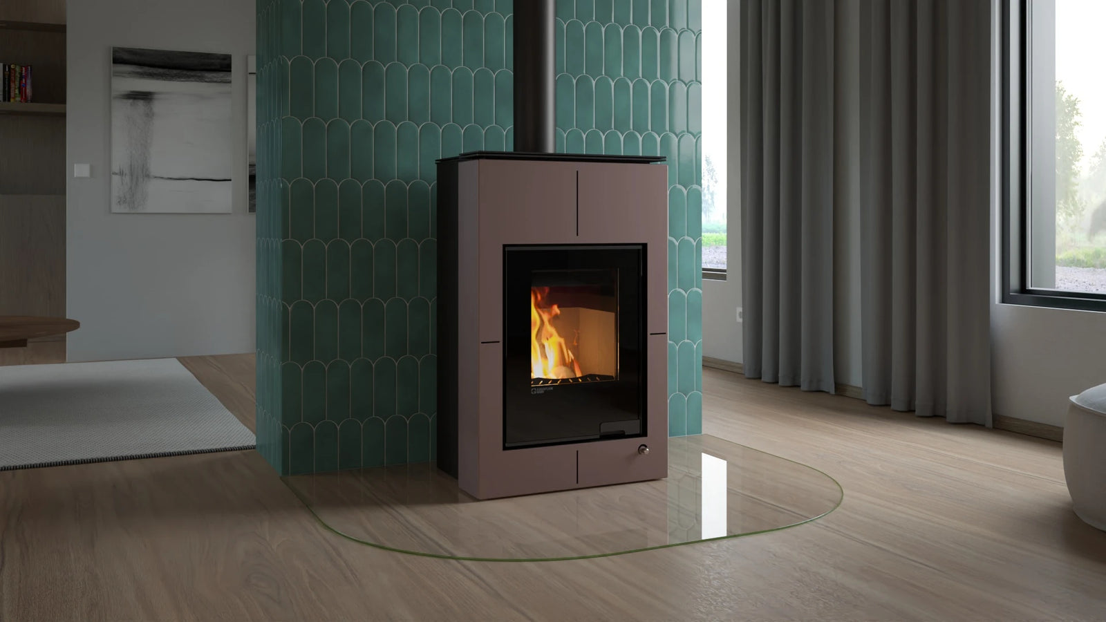 HS Flamingo Aquaflam Vario Saporo Aqua in moderne woonkamer met brandend vuur
