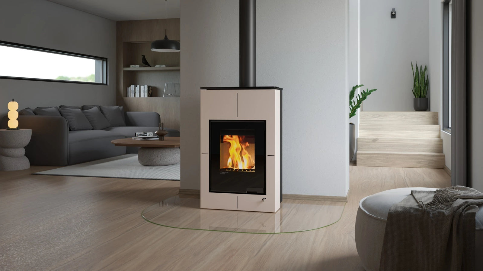 HS Flamingo Aquaflam Vario Saporo Aqua in moderne woonkamer met brandend vuur