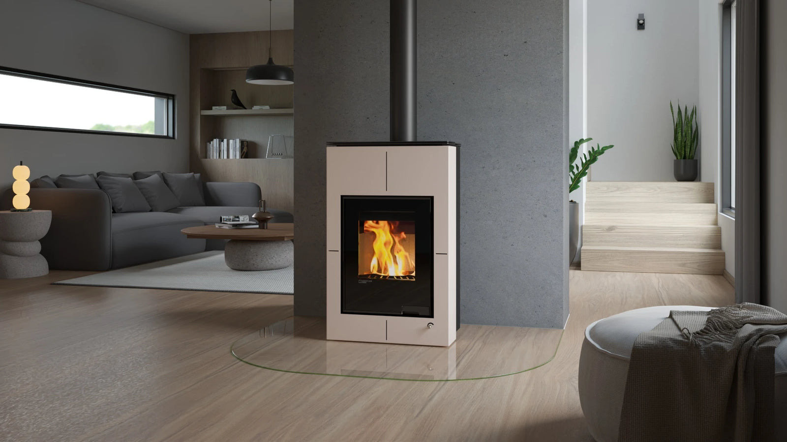 HS Flamingo Aquaflam Vario Saporo Air in moderne woonkamer met brandend vuur