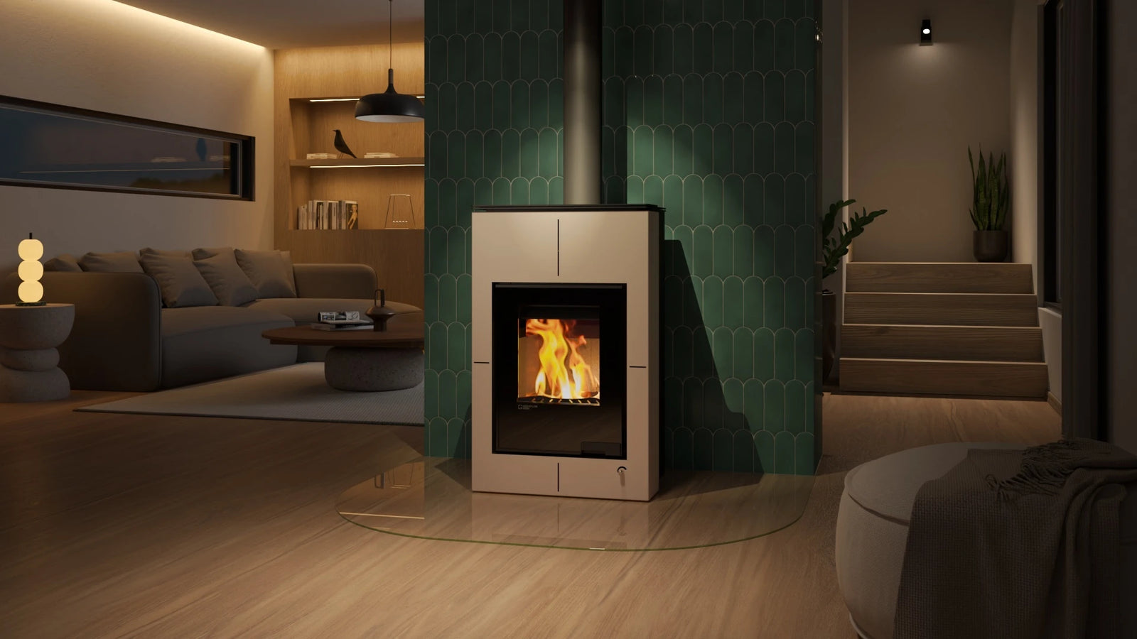 HS Flamingo Aquaflam Vario Saporo Air in moderne woonkamer met brandend vuur