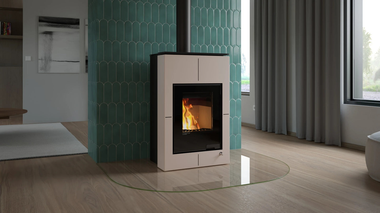 HS Flamingo Aquaflam Vario Saporo Aqua in moderne woonkamer met brandend vuur