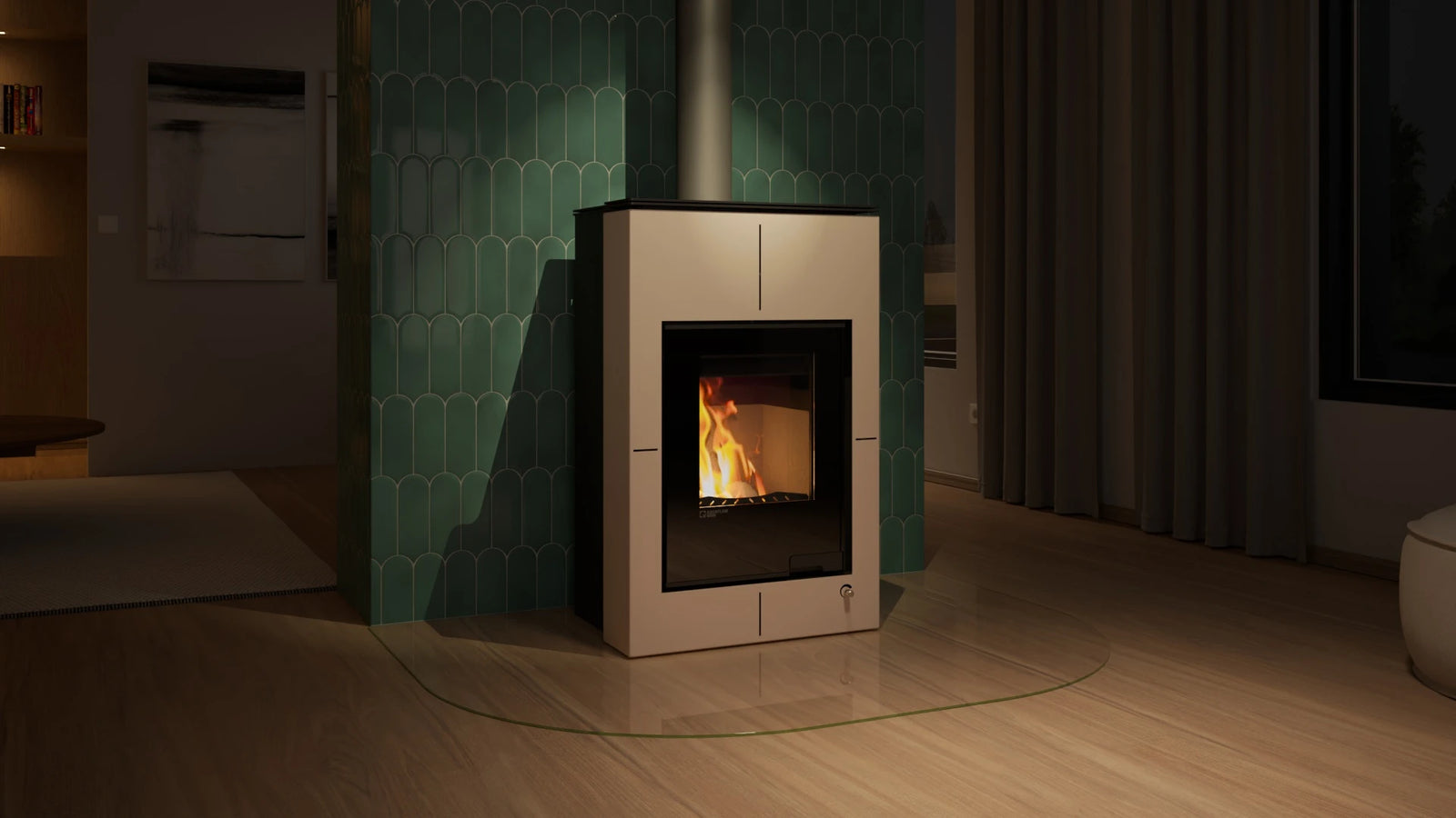 HS Flamingo Aquaflam Vario Saporo Aqua in moderne woonkamer met brandend vuur