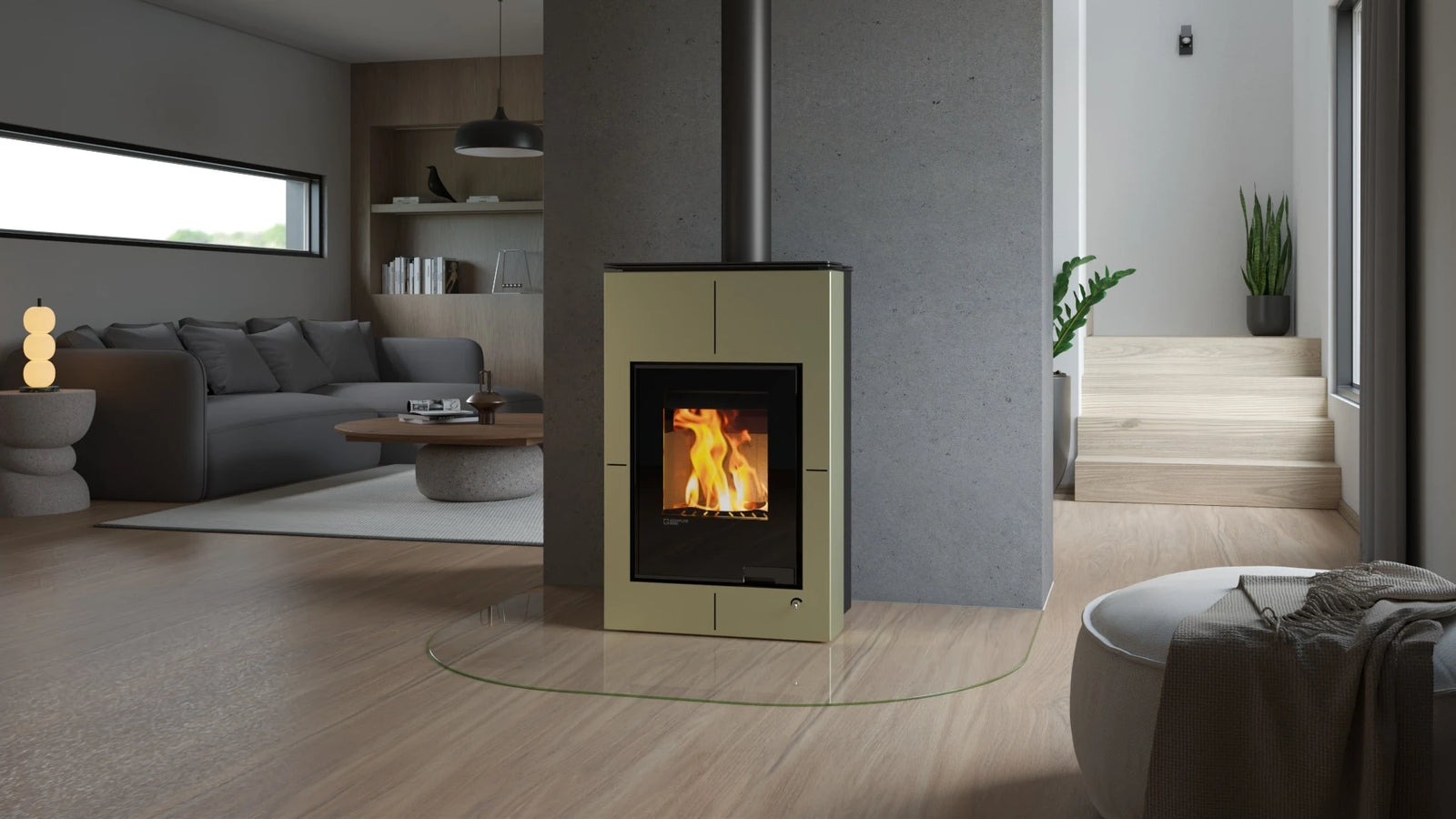 HS Flamingo Aquaflam Vario Saporo Aqua in moderne woonkamer met brandend vuur