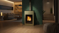 HS Flamingo Aquaflam Vario Saporo Aqua in moderne woonkamer met brandend vuur