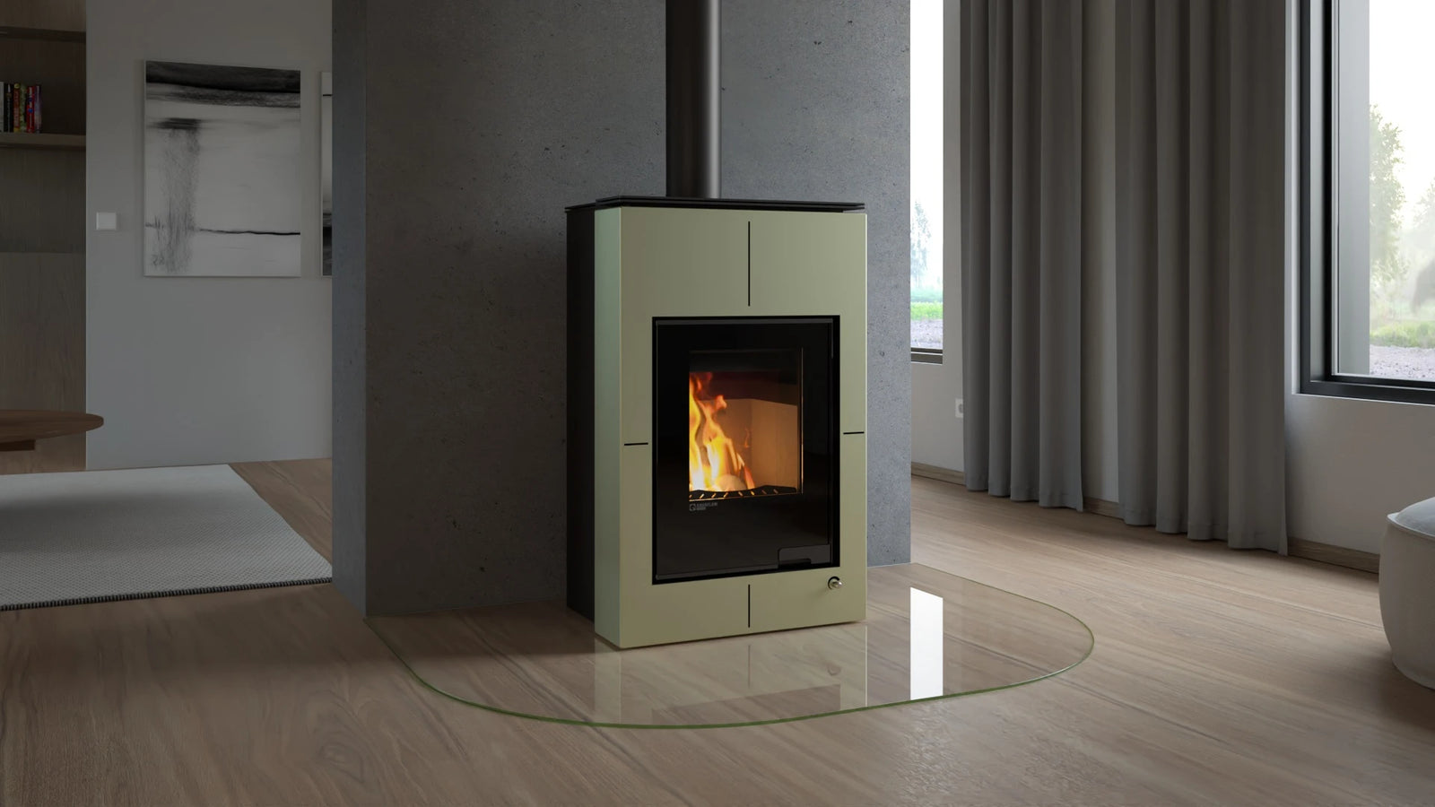 HS Flamingo Aquaflam Vario Saporo Air in moderne woonkamer met brandend vuur