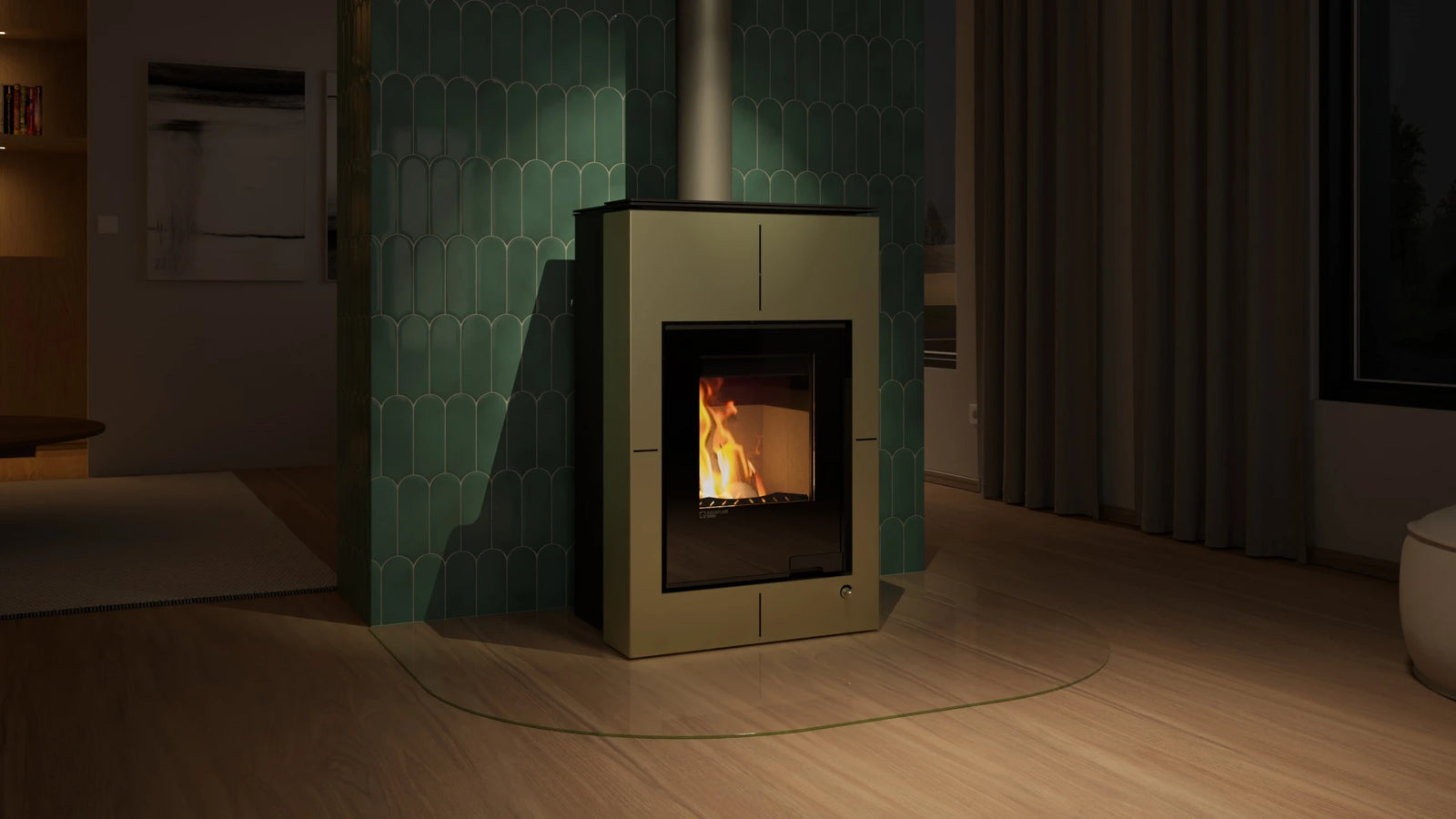 HS Flamingo Aquaflam Vario Saporo Aqua in moderne woonkamer met brandend vuur