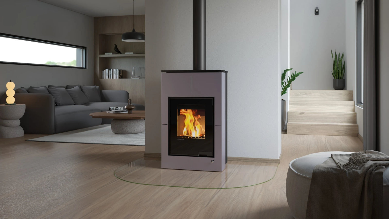 HS Flamingo Aquaflam Vario Saporo Aqua in moderne woonkamer met brandend vuur