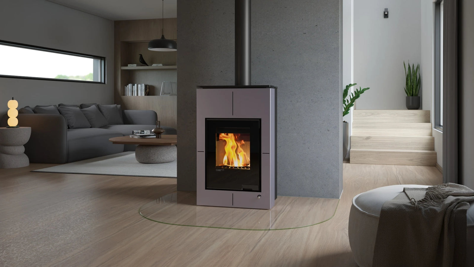 HS Flamingo Aquaflam Vario Saporo Air in moderne woonkamer met brandend vuur