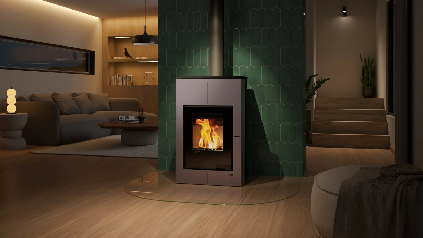 HS Flamingo Aquaflam Vario Saporo Aqua in moderne woonkamer met brandend vuur