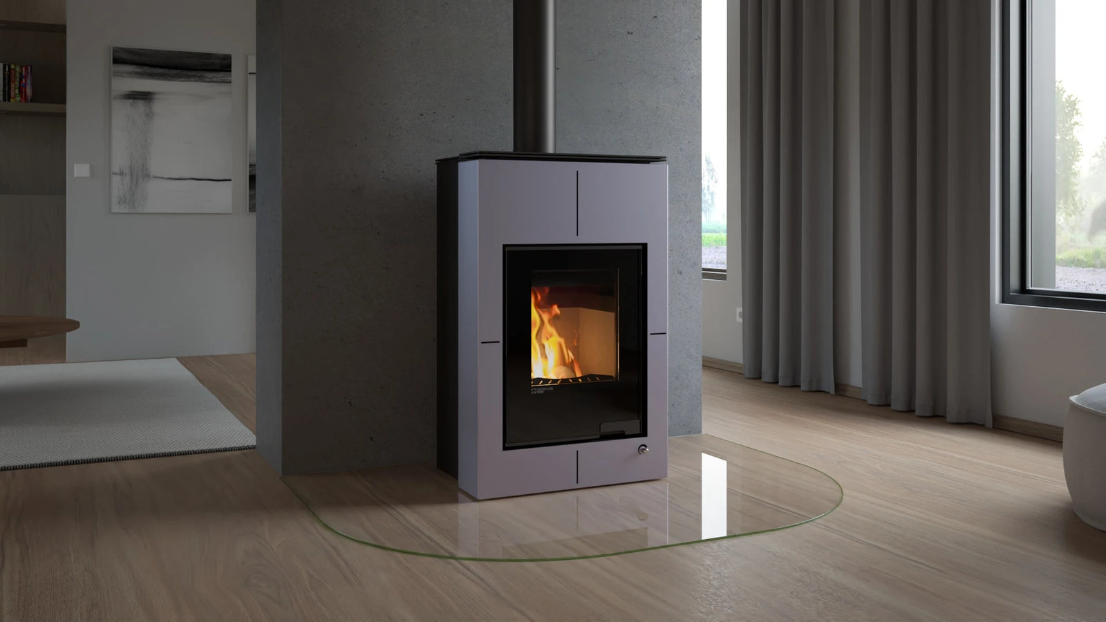 HS Flamingo Aquaflam Vario Saporo Air in moderne woonkamer met brandend vuur