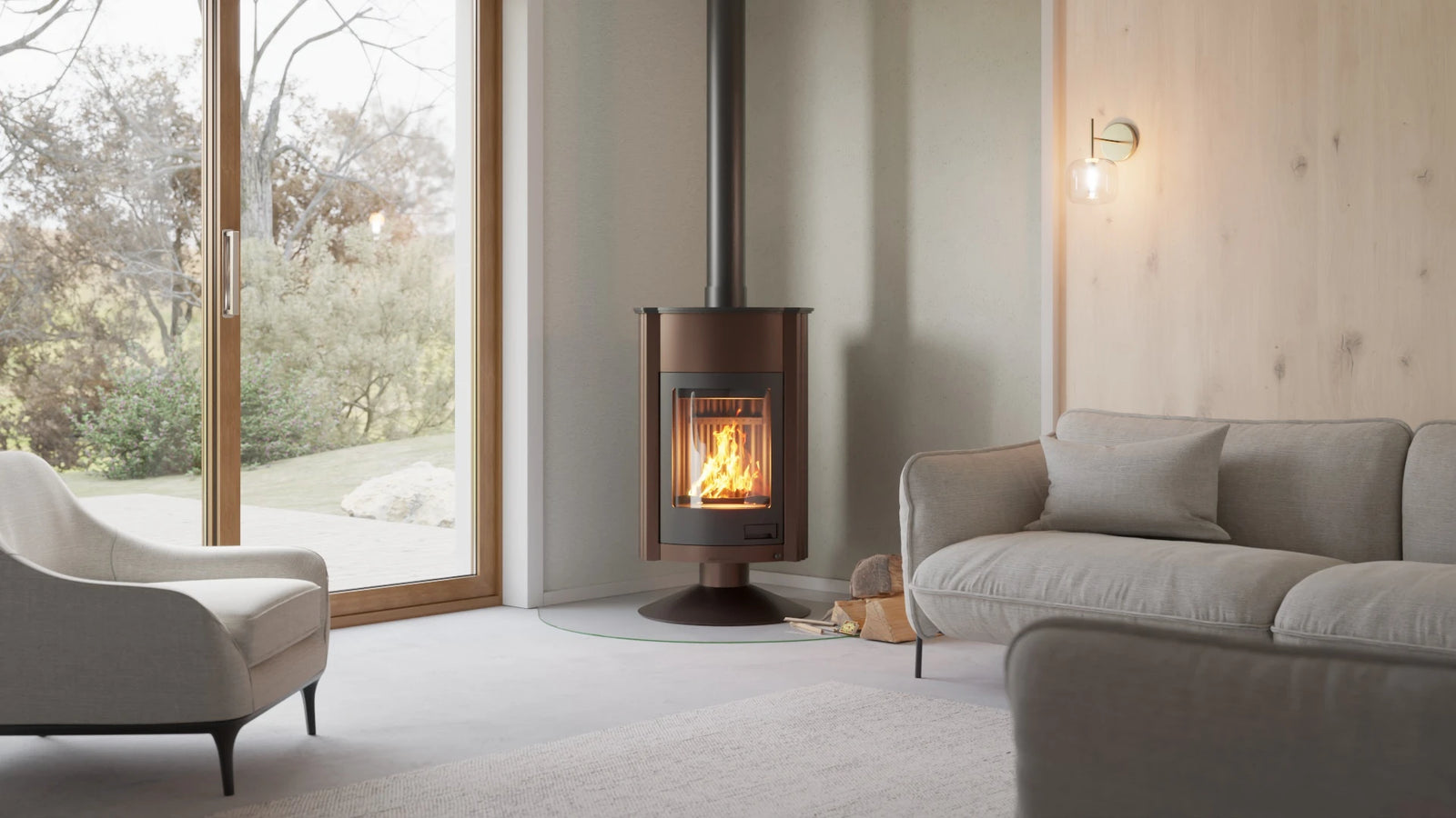 HS Flamingo Masterflamme Grande in een moderne woonkamer met brandend vuur