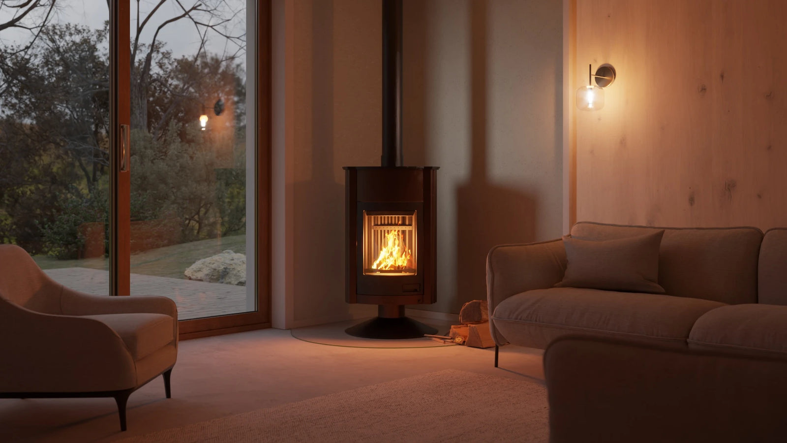 HS Flamingo Masterflamme Grande in moderne woonkamer met brandend vuur