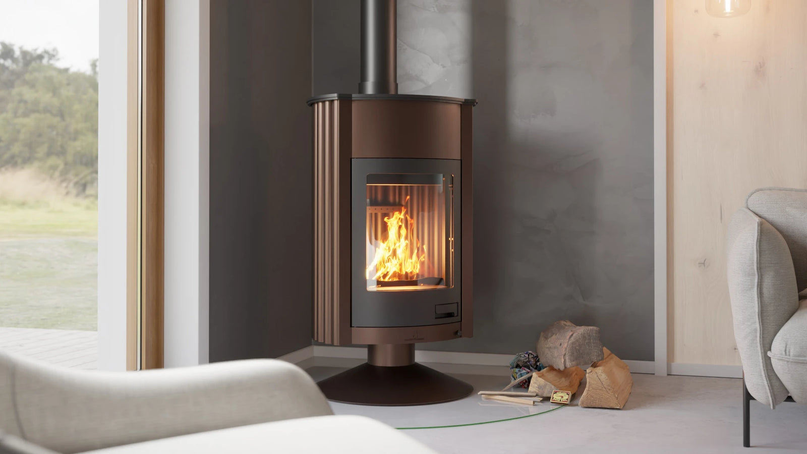 HS Flamingo Masterflamme Grande in moderne woonkamer met brandend vuur
