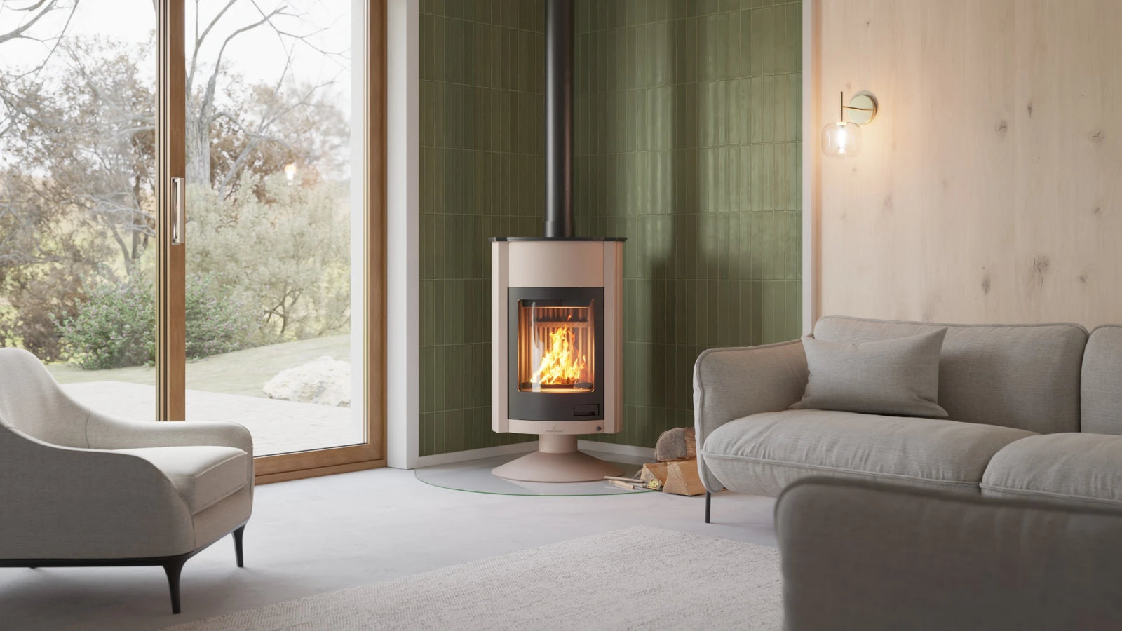 HS Flamingo Masterflamme Grande in moderne woonkamer met brandend vuur