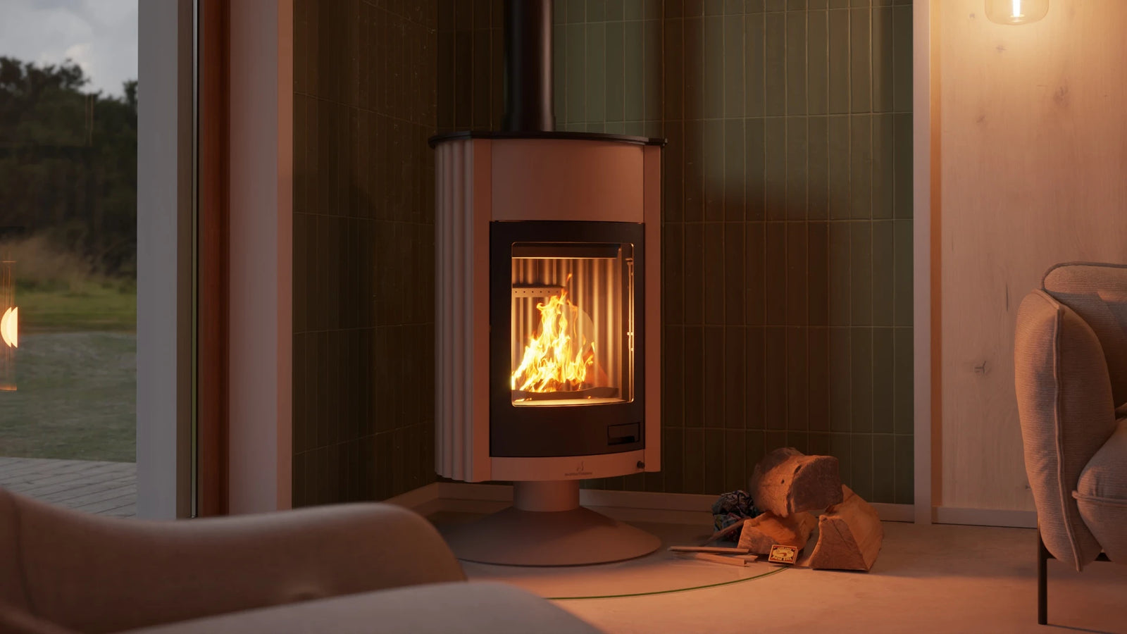 HS Flamingo Masterflamme Grande in woonkamer met brandend houtvuur