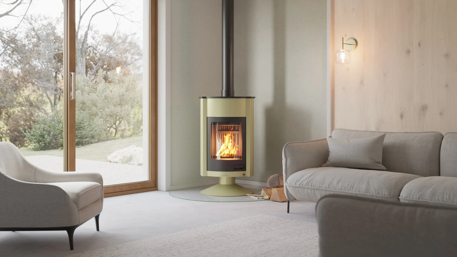 HS Flamingo Masterflamme Grande in moderne woonkamer met brandend vuur