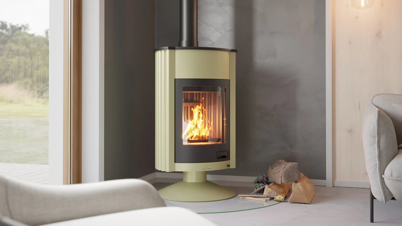 HS Flamingo Masterflamme Grande houtkachel in moderne woonkamer met brandend vuur
