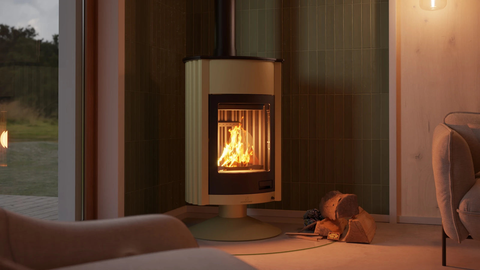 HS Flamingo Masterflamme Grande houtkachel in moderne woonkamer met brandend vuur