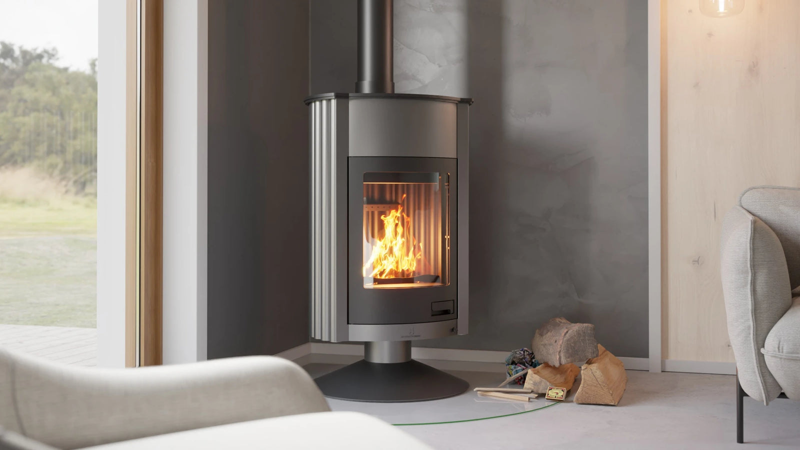 HS Flamingo Masterflamme Grande houtkachel in moderne woonkamer