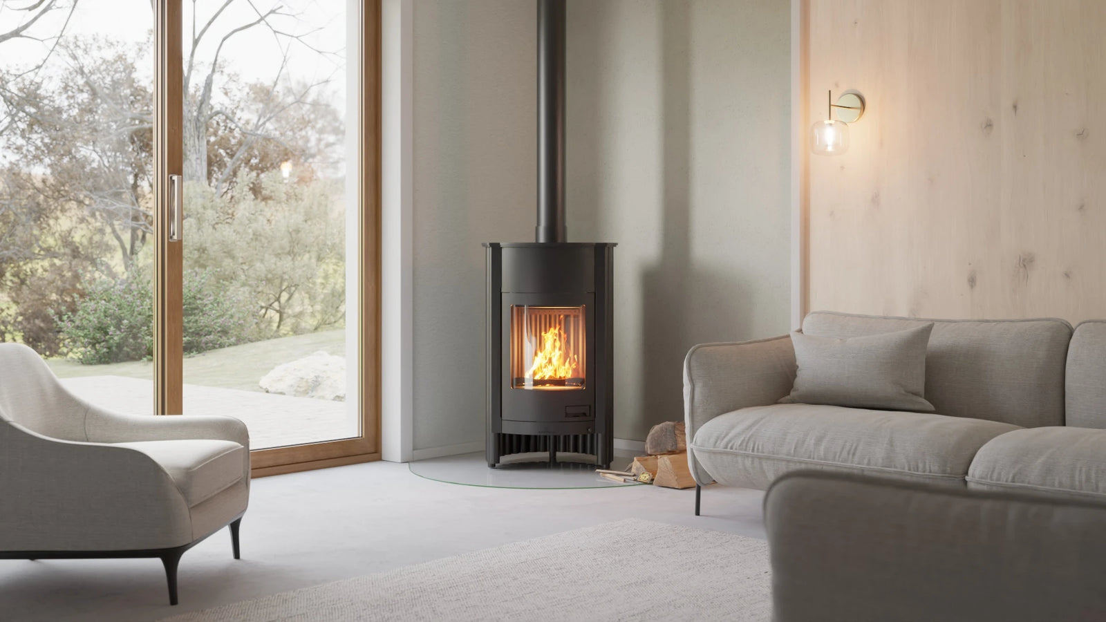 HS Flamingo Masterflamme Grande in een moderne woonkamer met brandend vuur